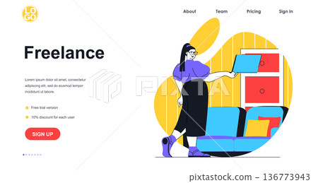 Freelance working web banner concept. Woman remote worker performs tasks on laptop from online home office. Freelancer job landing page template. Vector illustration with people scene in flat design 136773943