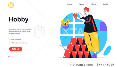 Hobby web banner concept. Man is building house of cards. Guy is engaged in favorite hobby, entertainment and home leisure, landing page template. Vector illustration with people scene in flat design Hobby web banner concept. Man is building house of cards. Guy is engaged in favorite hobby, entertainment and home leisure, landing page template. Vector illustration with people scene in flat design 136773946