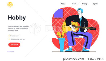 Hobby web banner concept. Man is learning to play guitar. Young guy playing musical instrument. Entertainment and leisure landing page template. Vector illustration with people scene in flat design Hobby web banner concept. Man is learning to play guitar. Young guy playing musical instrument. Entertainment and leisure landing page template. Vector illustration with people scene in flat design 136773948