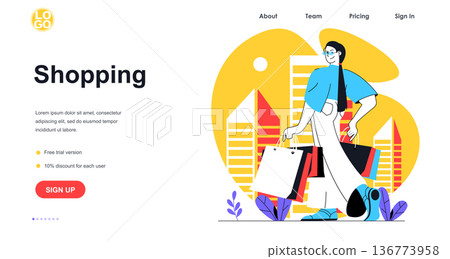 Shopping web banner concept. Woman makes purchases at sale and holding bags, buying at store, market or mall, consumerism landing page template. Vector illustration with people scene in flat design Shopping web banner concept. Woman makes purchases at sale and holding bags, buying at store, market or mall, consumerism landing page template. Vector illustration with people scene in flat design 136773958