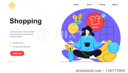 Shopping web banner concept. Woman meditates and makes online purchases, buying at sale store, market or mall, e-commerce landing page template. Vector illustration with people scene in flat design Shopping web banner concept. Woman meditates and makes online purchases, buying at sale store, market or mall, e-commerce landing page template. Vector illustration with people scene in flat design 136773960