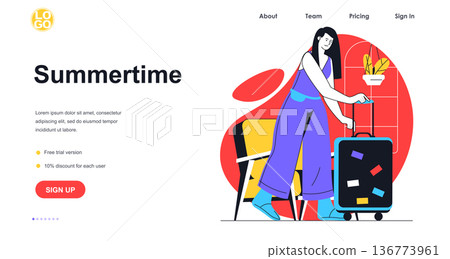 Summertime vacation web banner concept. Woman packs suitcase and goes on trip, passenger traveler with luggage, summer rest landing page template. Vector illustration with people scene in flat design 136773961