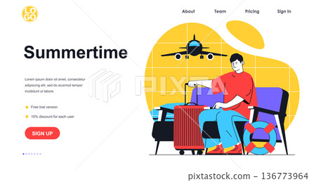 Summertime vacation web banner concept. Man with suitcase and goes on trip, passenger traveler with luggage at airport, landing page template. Vector illustration with people scene in flat design 136773964