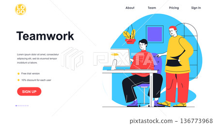 Teamwork web banner concept. Men colleagues working at office and discussing tasks, business collaboration and brainstorming landing page template. Vector illustration with people scene in flat design Teamwork web banner concept. Men colleagues working at office and discussing tasks, business collaboration and brainstorming landing page template. Vector illustration with people scene in flat design 136773968