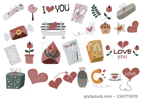 Valentines Day isolated elements set. Bundle of holiday decor, romantic letters, love hearts, flowers, gifts, dating bench, cakes and other. Creator kit for vector illustration in flat cartoon design Valentines Day isolated elements set. Bundle of holiday decor, romantic letters, love hearts, flowers, gifts, dating bench, cakes and other. Creator kit for vector illustration in flat cartoon design 136773970
