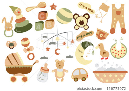 Baby shower and newborn isolated elements set. Bundle of kid clothes and toys, baby mobile, stroller, bath, sleeping moon, bottle and other. Creator kit for vector illustration in flat cartoon design Baby shower and newborn isolated elements set. Bundle of kid clothes and toys, baby mobile, stroller, bath, sleeping moon, bottle and other. Creator kit for vector illustration in flat cartoon design 136773972