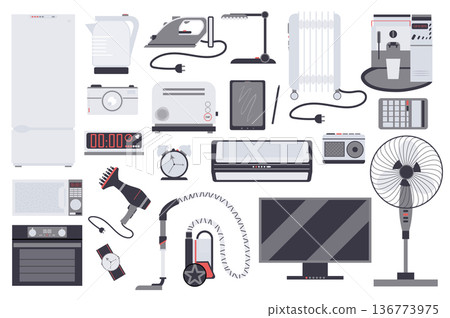 Household appliances isolated elements set. Bundle of refrigerator, iron, kettle, toaster, microwave, oven, TV, vacuum cleaner, fan and more. Creator kit for vector illustration in flat cartoon design Household appliances isolated elements set. Bundle of refrigerator, iron, kettle, toaster, microwave, oven, TV, vacuum cleaner, fan and more. Creator kit for vector illustration in flat cartoon design 136773975
