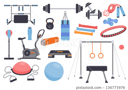 Sport equipment isolated elements set. Bundle of barbell, dumbbells, kettlebell, hula hoop, exercise bike, gymnastic apparatus and other. Creator kit for vector illustration in flat cartoon design Sport equipment isolated elements set. Bundle of barbell, dumbbells, kettlebell, hula hoop, exercise bike, gymnastic apparatus and other. Creator kit for vector illustration in flat cartoon design 136773976