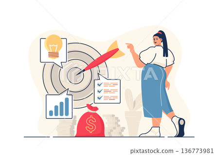 Business target concept for web banner. Woman following successful business strategy, aim at target, achievement modern person scene. Vector illustration in flat cartoon design with people characters 136773981