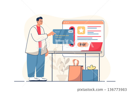 Online payment concept for web banner. Man pays purchases with credit card in online banking using website form, modern person scene. Vector illustration in flat cartoon design with people characters Online payment concept for web banner. Man pays purchases with credit card in online banking using website form, modern person scene. Vector illustration in flat cartoon design with people characters 136773983