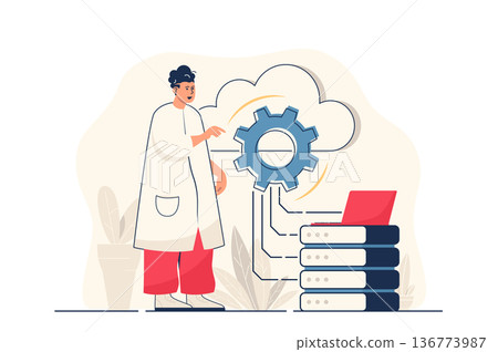 Cloud computing concept for web banner. Man processes information using cloud technology, data storage and backup modern person scene. Vector illustration in flat cartoon design with people characters Cloud computing concept for web banner. Man processes information using cloud technology, data storage and backup modern person scene. Vector illustration in flat cartoon design with people characters 136773987