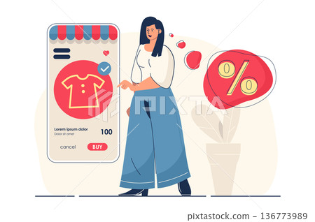 Online shopping concept for web banner. Woman customer makes purchases at discount prices in mobile application modern person scene. Vector illustration in flat cartoon design with people characters 136773989