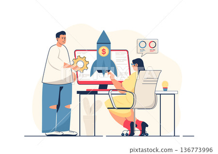 Business startup concept for web banner. Colleagues start new business and develop success project together, modern person scene. Vector illustration in flat cartoon design with people characters 136773996