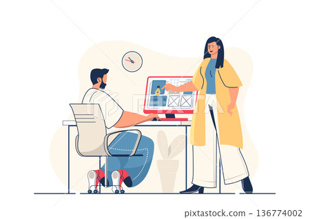 Design studio concept for web banner. Woman and man designers team create website layout and draw elements, modern person scene. Vector illustration in flat cartoon design with people characters Design studio concept for web banner. Woman and man designers team create website layout and draw elements, modern person scene. Vector illustration in flat cartoon design with people characters 136774002