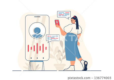 Virtual assistant concept for web banner. Woman calls or writes message to hotline or customer support service, modern person scene. Vector illustration in flat cartoon design with people characters Virtual assistant concept for web banner. Woman calls or writes message to hotline or customer support service, modern person scene. Vector illustration in flat cartoon design with people characters 136774003