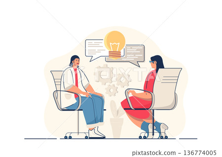 Brainstorming team concept for web banner. Colleagues discuss work tasks, generate new ideas, develop strategy, modern person scene. Vector illustration in flat cartoon design with people characters 136774005