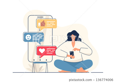 Social network concept for web banner. Woman writes messages, chats, browsing news feed, posts and likes in app modern person scene. Vector illustration in flat cartoon design with people characters Social network concept for web banner. Woman writes messages, chats, browsing news feed, posts and likes in app modern person scene. Vector illustration in flat cartoon design with people characters 136774006