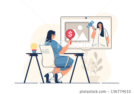 Auction business concept for web banner. Woman bidding in online auction, auctioneer sells art painting, modern person scene. Vector illustration in flat cartoon design with people characters 136774010