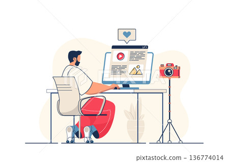 Blogging concept for web banner. Man blogger writes article and publishes new post in blog for followers, modern person scene. Vector illustration in flat cartoon design with people characters 136774014