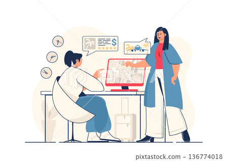 Travel agency concept for web banner. Woman chooses vacation tour, operator helps tourist with traveling, modern person scene. Vector illustration in flat cartoon design with people characters Travel agency concept for web banner. Woman chooses vacation tour, operator helps tourist with traveling, modern person scene. Vector illustration in flat cartoon design with people characters 136774018