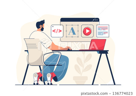 Web design concept for web banner. Man creates site layout, places graphic elements and navigation buttons page, modern person scene. Vector illustration in flat cartoon design with people characters 136774023