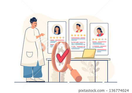 Recruitment agency concept for web banner. HR manager looks at resume for vacancy, choosing for candidates, modern person scene. Vector illustration in flat cartoon design with people characters 136774024