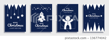 Merry Christmas and New Year 2022 brochure covers set. Xmas minimal banner design with decorative borders with gingerbread, ball, tree, snowman. Vector illustration for flyer, poster or greeting card Merry Christmas and New Year 2022 brochure covers set. Xmas minimal banner design with decorative borders with gingerbread, ball, tree, snowman. Vector illustration for flyer, poster or greeting card 136774042