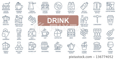 Drink concept simple line icons set. Bundle of coffee, turkish pot, beans, milk, wine, tea ceremony, beer, champagne, cognac and other. Vector pack outline symbols for website or mobile app design Drink concept simple line icons set. Bundle of coffee, turkish pot, beans, milk, wine, tea ceremony, beer, champagne, cognac and other. Vector pack outline symbols for website or mobile app design 136774052