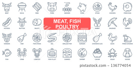 Meat, fish and poultry concept simple line icons set. Bundle of beef, bbq, pork, chicken, hot dog, sausage, burger, shrimp, crab and other. Vector pack outline symbols for website or mobile app design Meat, fish and poultry concept simple line icons set. Bundle of beef, bbq, pork, chicken, hot dog, sausage, burger, shrimp, crab and other. Vector pack outline symbols for website or mobile app design 136774054