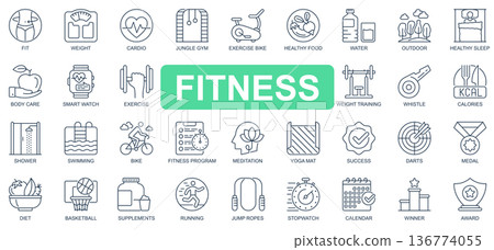 Fitness concept simple line icons set. Bundle of fit, weight, cardio, gym, exercise bike, training, swimming, running, diet and other. Vector pack outline symbols for website or mobile app design 136774055