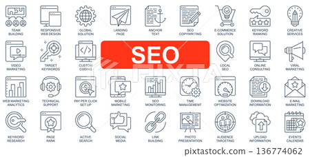 SEO concept simple line icons set. Bundle of optimization, solution, landing page, keyword, ranking, video marketing, target and other. Vector pack outline symbols for website or mobile app design SEO concept simple line icons set. Bundle of optimization, solution, landing page, keyword, ranking, video marketing, target and other. Vector pack outline symbols for website or mobile app design 136774062