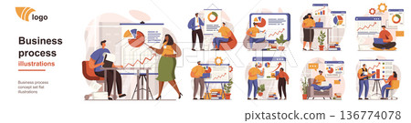Business process concept isolated person situations. Collection of scenes with people colleagues analyze data, create success strategy, collaborate. Mega set. Vector illustration in flat design 136774078