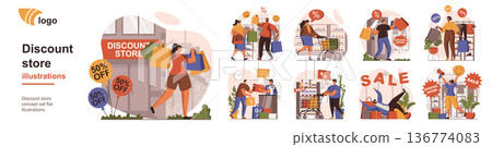Discount store concept isolated person situations. Collection of scenes with people make bargains at special prices at sales in stores and supermarkets. Mega set. Vector illustration in flat design 136774083