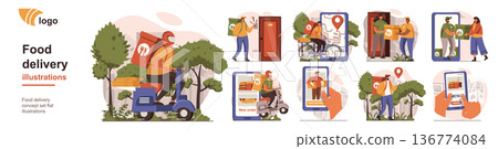 Food delivery concept isolated person situations. Collection of scenes with people couriers carry boxes to customers, online order and tracking at app. Mega set. Vector illustration in flat design 136774084