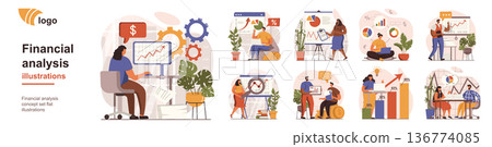 Financial analysis concept isolated person situations. Collection of scenes with people accountants or analysts work with data and financial statistics. Mega set. Vector illustration in flat design 136774085