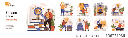 Finding ideas concept isolated person situations. Collection of scenes with people come up with new ideas, brainstorm, develop project plan and strategy. Mega set. Vector illustration in flat design 136774086