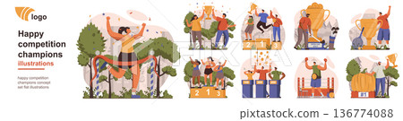 Happy competition champions concept isolated person situations. Collection of scenes with people athletes winning and celebrate first places and trophies. Mega set. Vector illustration in flat design 136774088