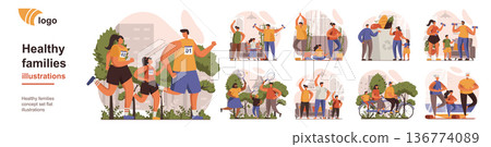Healthy families concept isolated person situations. Collection of scenes with people parents with children go in for sports, compete and active lifestyle. Mega set. Vector illustration in flat design Healthy families concept isolated person situations. Collection of scenes with people parents with children go in for sports, compete and active lifestyle. Mega set. Vector illustration in flat design 136774089