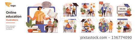 Online education concept isolated person situations. Collection of scenes with people learn from video lessons, watch seminars, trainings and webinars. Mega set. Vector illustration in flat design 136774090