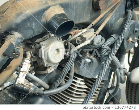 V-engine and carburetor of an old American motorcycle 136774278