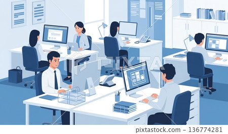 People working in a modern blue office 136774281