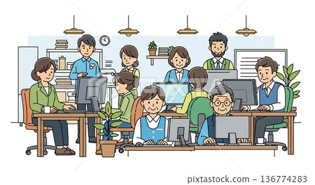 不同年齡的上班族面帶微笑,互相合作。 不同年齡的上班族面帶微笑,互相合作。 136774283