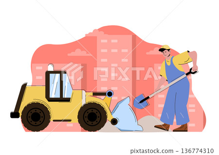 Construction engineering concept. Builder with shovel working with bulldozer machinery situation. Building people scene. Vector illustration with flat character design for website and mobile site Construction engineering concept. Builder with shovel working with bulldozer machinery situation. Building people scene. Vector illustration with flat character design for website and mobile site 136774310