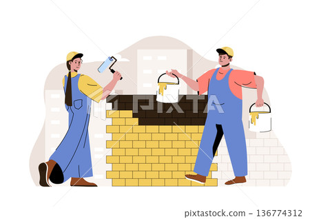 Construction team concept. Painters paint wall, builders work on building site situation. Real estate business people scene. Vector illustration with flat character design for website and mobile site Construction team concept. Painters paint wall, builders work on building site situation. Real estate business people scene. Vector illustration with flat character design for website and mobile site 136774312