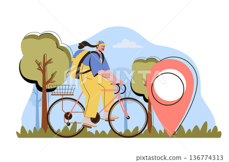 Delivery on time concept. Woman courier carries parcel on bicycle to a client home situation. Express shipment people scene. Vector illustration with flat character design for website and mobile site 136774313