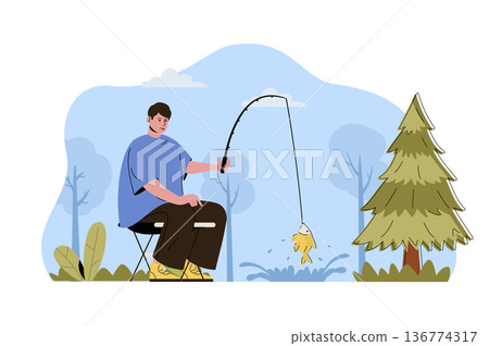 Fishing holiday concept. Man fisherman catches fish with rod, resting in forest situation. Hobby and leisure people scene. Vector illustration with flat character design for website and mobile site 136774317