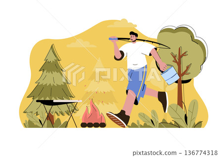 Fishing and hiking concept. Man fishing with rod and resting in campsite situation. Outdoor activities, tourism people scene. Vector illustration with flat character design for website and mobile site Fishing and hiking concept. Man fishing with rod and resting in campsite situation. Outdoor activities, tourism people scene. Vector illustration with flat character design for website and mobile site 136774318