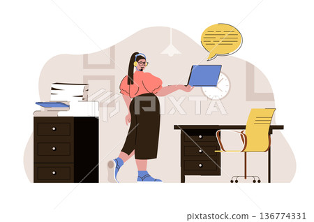 Information service concept. Operator communicates with customers, answers questions situation. Support center people scene. Vector illustration with flat character design for website and mobile site 136774331
