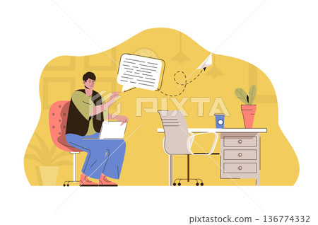 Instant message concept. Man writes text and sends his letter situation. Online communication technology people scene. Vector illustration with flat character design for website and mobile site Instant message concept. Man writes text and sends his letter situation. Online communication technology people scene. Vector illustration with flat character design for website and mobile site 136774332