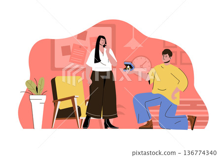 Marriage proposal concept. Kneeling man proposes ring to his beloved woman situation. Engagement, relationship people scene. Vector illustration with flat character design for website and mobile site Marriage proposal concept. Kneeling man proposes ring to his beloved woman situation. Engagement, relationship people scene. Vector illustration with flat character design for website and mobile site 136774340